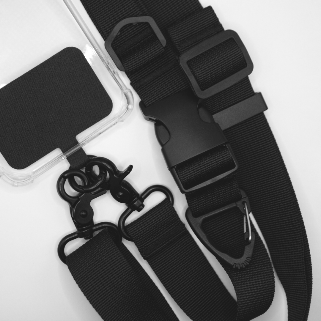 View from above of the 2-in-1 Utility Lanyard Crossbody phone strap black.